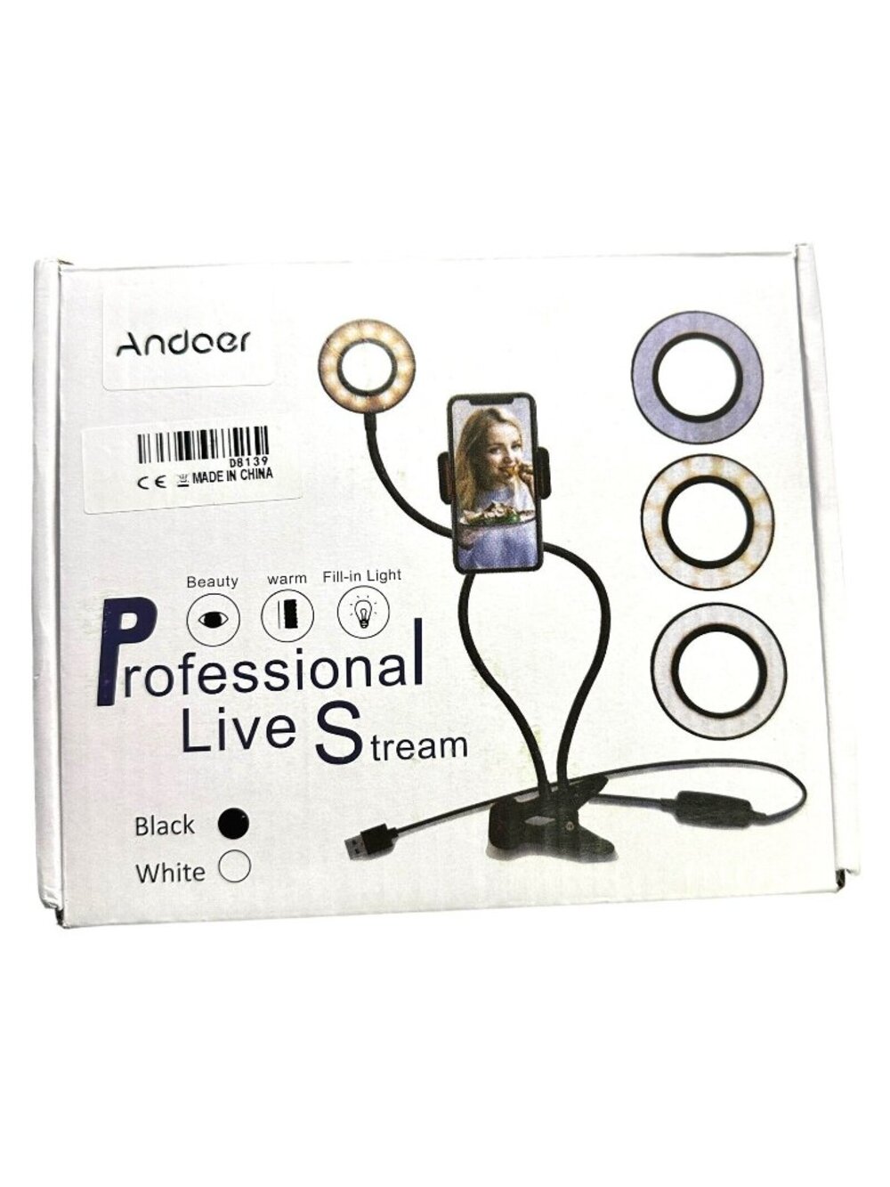 Andoer Professional Live Stream LED Ring Light Phone Holder 3 Light Settings NIB